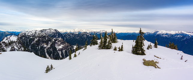 Canadian Mountain Landscape covered in snow. Winter Season. British Columbia, Canada. Nature Background Panorama