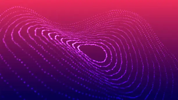 Vector illustration of Technology background. Abstract circular wave of particles. Futuristic dotted wave. Visualization of sound waves. Plexus effect. 3D vector illustration