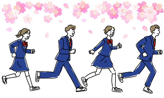 Illustration of a group of students running with cherry blossoms