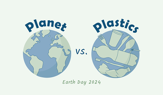Planet vs. Plastics Earth Day 2024 theme, beat plastic pollution, vector poster