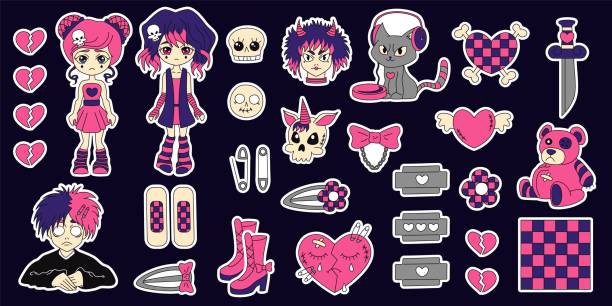 Y2k emo black pink stickers set. Girl, boy, kawaii bear, heart, tattoo and other elements in trendy emo goth 2000s style. Vector hand drawn. 90s, 00s aesthetic. Y2k emo black pink stickers set. Girl, boy, kawaii bear, heart, tattoo and other elements in trendy emo goth 2000s style. Vector hand drawn. 90s, 00s aesthetic cute emo girl stock illustrations