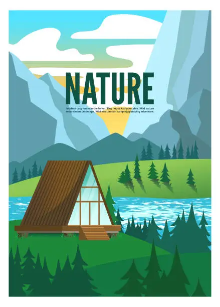 Vector illustration of Modern A-frame cabin chalet house in apline nature. Vector illustration.