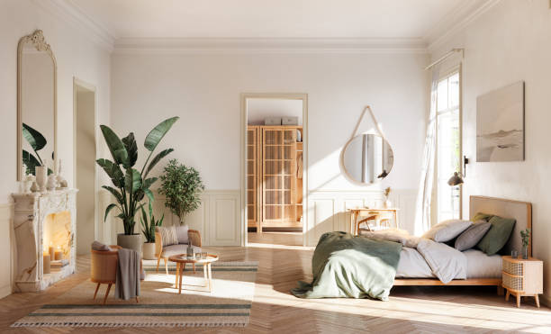 istock Digital render of Bright and Airy Parisian Bedroom 2045383940