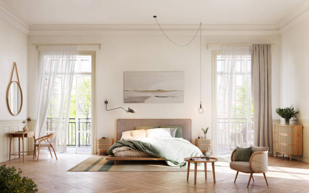 Digital render of Elegant Bedroom with Balcony Access