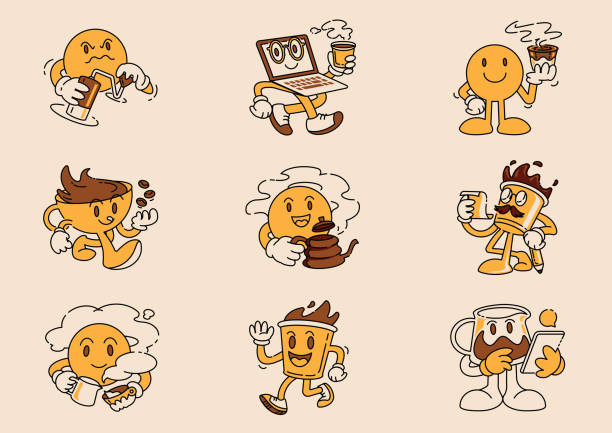 cute coffee mascot illustration set design in funny retro style with coffee cafe activity.