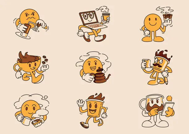 Vector illustration of cute coffee mascot illustration set