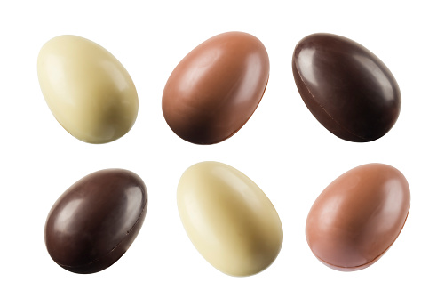 Chocolate easter eggs variety isolated on white background.