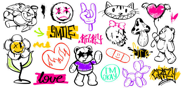 Spray paint graffiti color element of bear, cat, cool gesture and street tags Spray paint graffiti element set of bears, flower, heart, mushroom, cat, skull, plaster, smiley and cool gesture. Grunge ink graphic symbols and color street art tags isolated on white background. drop bear stock illustrations