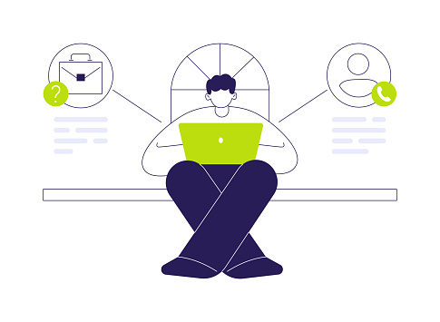 HR consultancy abstract concept vector illustration. Man deals with career counselling using laptop, expat hiring, HR management, human resources, headhunting agency abstract metaphor.