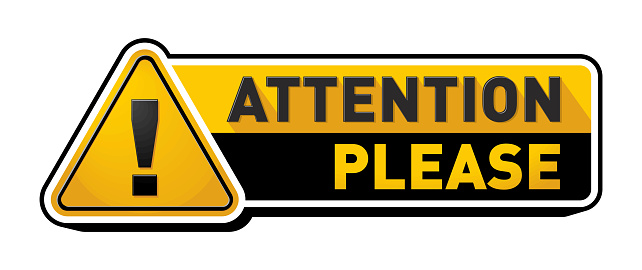 Attention please sign icon. Important message, warnings frame with exclamation point and black and yellow attention badge. Important word, danger announcements information. Vector on transparent background