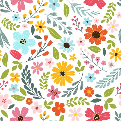 Seamless colorful floral pattern. Hand drawn flowers, herbs, leaves, branches, berries, tulip. Simple cute flat vector elements. Design for textile, cover, wallpaper, wrapper.