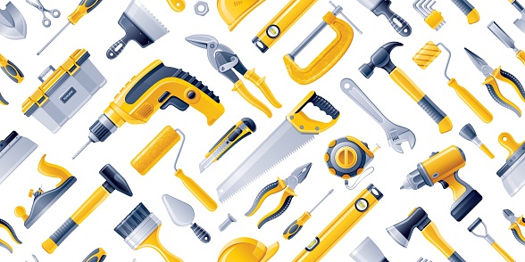 Construction tools seamless pattern. Hammer saw drill pliers background. Hardware, carpentry, repair and mechanic work toolbox pattern. Builder, plumber, handyman equipment. Construction tool seamless