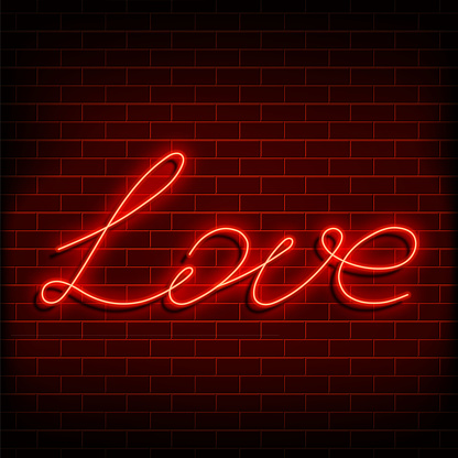 Neon word love. A bright red sign on a brick wall. Element of design for a happy Valentine s day. Vector illustration.