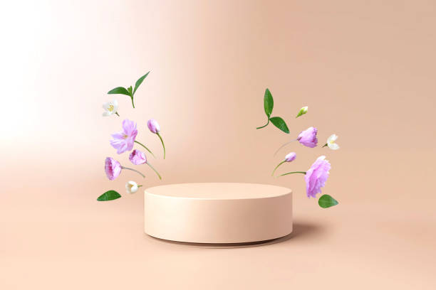 istock Round podium with cherry blossom jasmine flowers 2045406593