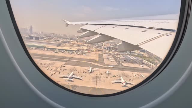 Superjumbo Jet Airplane taking off from Dubai International Airport