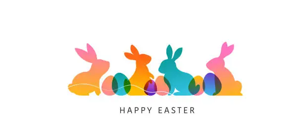 Vector illustration of Modern colorful Easter bunnies concept design. Happy Easter background with rabbits and Easter eggs, vector illustration