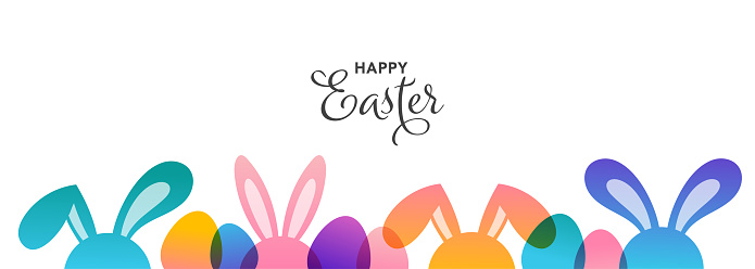 Modern colorful Easter bunnies concept design. Happy Easter background with rabbits and Easter eggs, minimal vector illustration