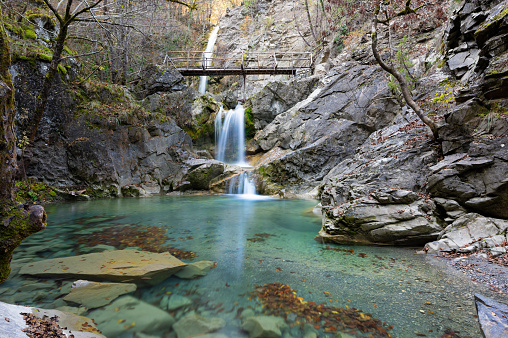 View of the Balta di Stringa waterfall near the village of Iliochori at the area of Zagori in Epirus, Greece