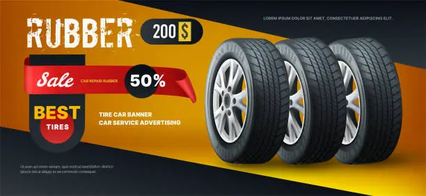Vector illustration of Tire car banner. Tyre change. Automotive repair. Rubber wheel ad poster design. Sale in auto service. Vehicle garage promotion. Transport workshop. Vector exact advertising background