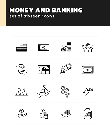 Sixteen icons related to  Money and Banking set