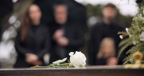Rose, coffin and funeral at cemetery outdoor at burial ceremony of family together at grave. Death, grief and flower on casket at graveyard for people mourning loss of life at floral farewell event. Rose, coffin and funeral at cemetery outdoor at burial ceremony of family together at grave. Death, grief and flower on casket at graveyard for people mourning loss of life at floral farewell event. child casket stock pictures, royalty-free photos & images