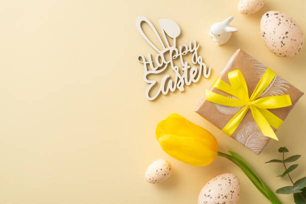 istock Warm Easter top view arrangement, including kraft paper package, 