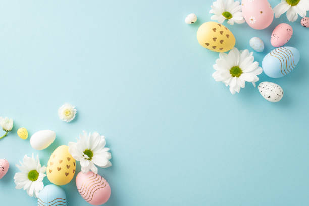 istock Easter design idea: Overhead shot of pastel eggs, and chamomile flowers on a soft blue backdrop with space for your message or promotion 2045457188