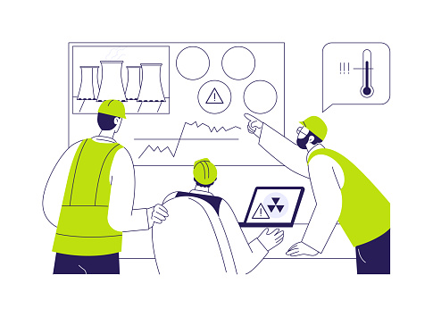 Nuclear meltdown prevention abstract concept vector illustration. Group of engineers deals with nuclear meltdown control, ecosystem contamination, environmental problem abstract metaphor.