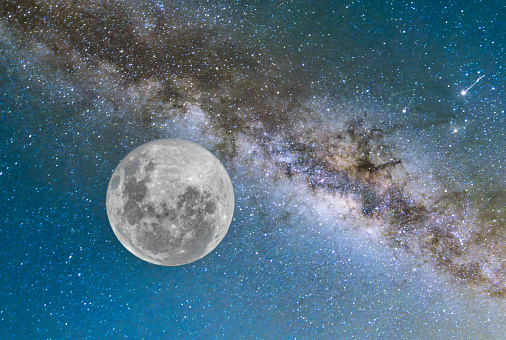 Low light, long exposure photography of the Milky Way night sky with full moon.