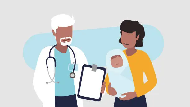 Vector illustration of Vector illustration of a male doctor with a young mother and her newborn baby – health concept