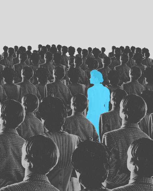 blue silhouette pf person standing in monochrome crowd of different people. conceptual design. individualism in modern society. - kunst fotos stockfoto's en -beelden