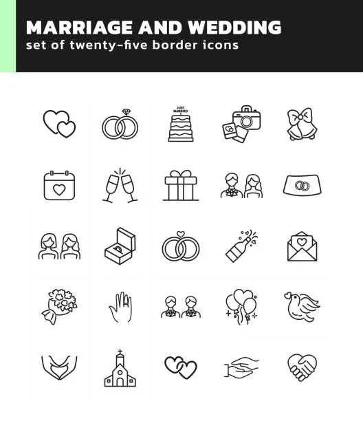 Vector illustration of Set of twenty-five outline icons Marriage and Wedding icons