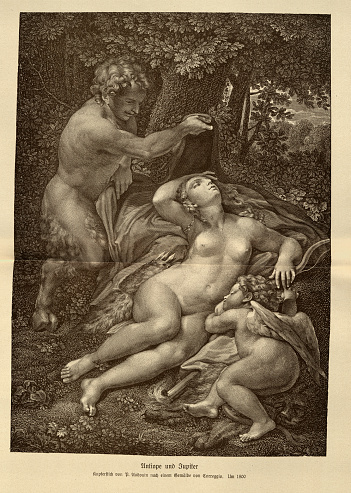 Vintage illustration of Antiope and Jupiter, Engraving by P. Audouin after a painting by Correggio, around 1800