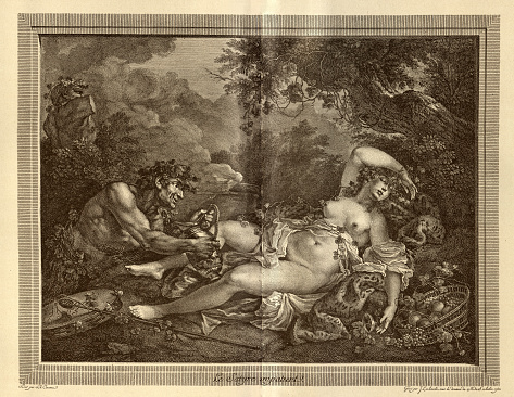 Vintage illustration of Pan and the Goddess Venus, after a painting by Gabriel de Saint-Aubin 1780