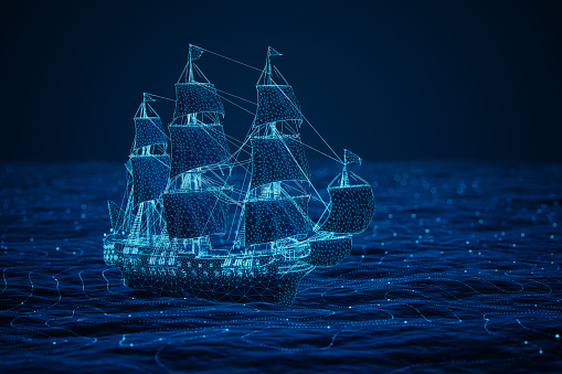Majestic ship navigating the vast digital ocean, symbolizing exploration and discovery in the age of information.
