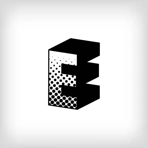 Vector illustration of Letter E with creative shadow, pop art dot design alphabet sign.