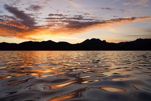 Early-morning on Saguaro Lake, Arizona, in the Tonto National Forest, on the Salt River Chain of Lakes.
