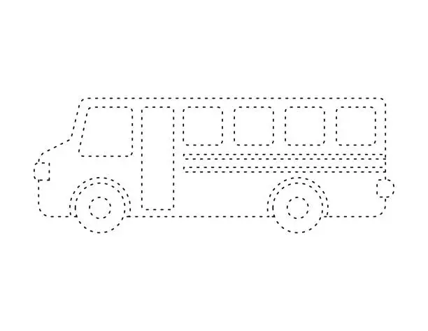 Vector illustration of dashed school bus outline for coloring book template, school bus illustration for kid worksheet printable