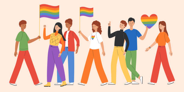 лгбт-сообщество. разные люди держат радужные флаги. геи, лесбиянки, транссексуалы и бисексуалы отмечают месяц гордости лгбт. лгбтк-гордость - heart shape gay pride gay pride flag lesbian stock illustrations