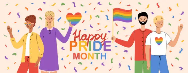 Vector illustration of Happy pride month banner. LGBT community. Different people hold rainbow flag and heart. Gays, lesbians, transsexuals and bisexual pride parade. LGBTQ pride. Vector illustration in flat style