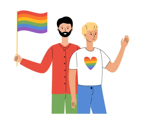 Vector illustration of LGBT community. Men gays or bisexuals hold rainbow flag. Pride parade. LGBTQ pride month. Vector illustration in flat style