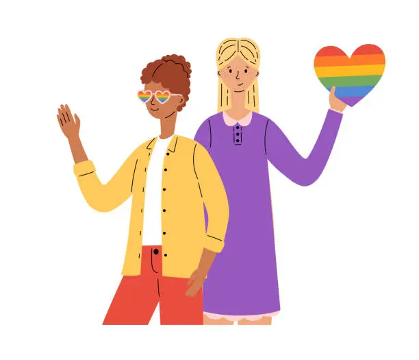 Vector illustration of LGBT community. Women lesbians or bisexuals hug and hold rainbow heart. Pride parade. LGBTQ pride month. Vector illustration in flat style