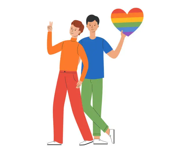 Vector illustration of LGBT community. Men gays or bisexuals hug and hold rainbow heart. Pride parade. LGBTQ pride month. Vector illustration in flat style