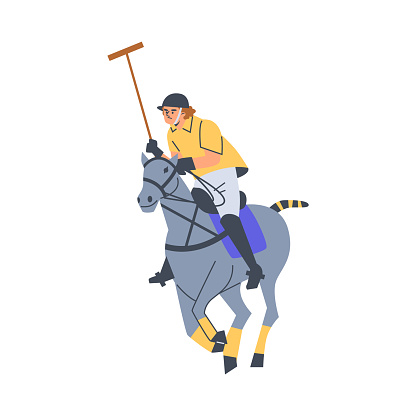 Polo player in action. Vector illustration of an athlete on a gray horse, raising a mallet during a polo game, depicted in a minimalistic style.