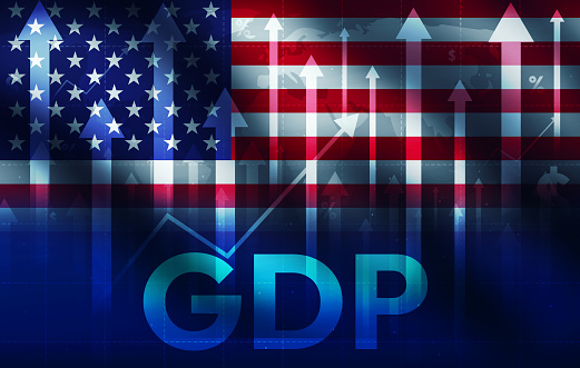 GDP of the United States of America, background with arrows going up and waving flag in the backdrop.