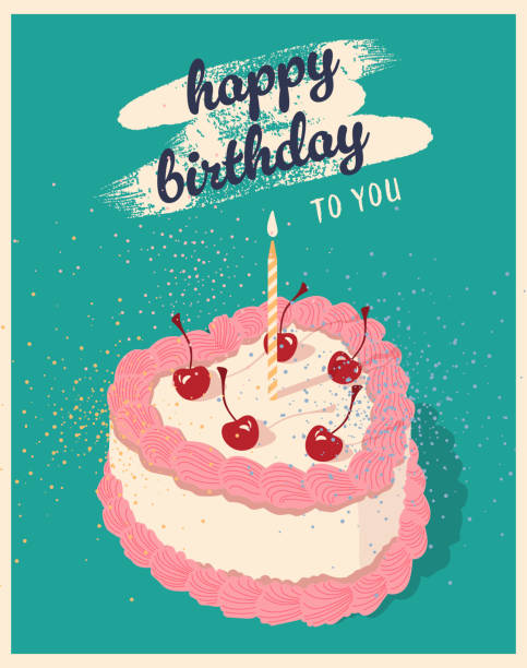 istock Cake. Birthday. Birthday cake. Retro cake with cherries. Greeting card. Candle. Baking and sweets. Confectionery product 2045545333