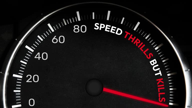 Speed Thrills but Kills Warning Message 4K Animation Video with Speedometer needle moving. Traffic sign message concept design.