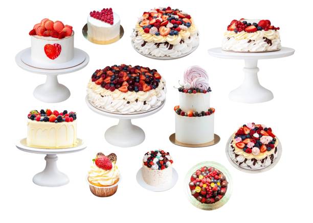 White beautiful cakes and cupcakes with strawberry, raspberry, blueberry, hearts, isolated on background, isolated, close up, png