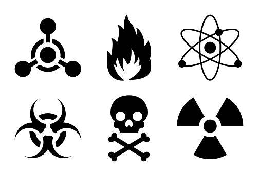 Danger Symbols Icon Set - Radioactive, Biohazard, Flammable, Toxic, Chemical Weapon, and Atomic Symbols