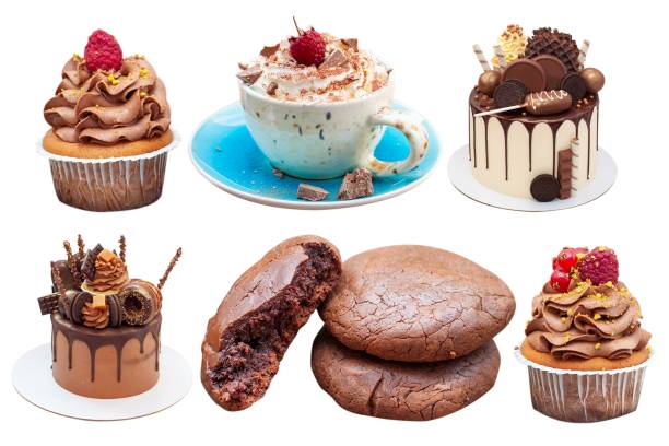 Chocolate cupcake with raspberry, cup of coffee, beautiful cakes and cookies isolated on white background, png, close up